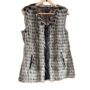 Via Spiga Womens Faux Fur Vest With Faux Black Leather Trim XS